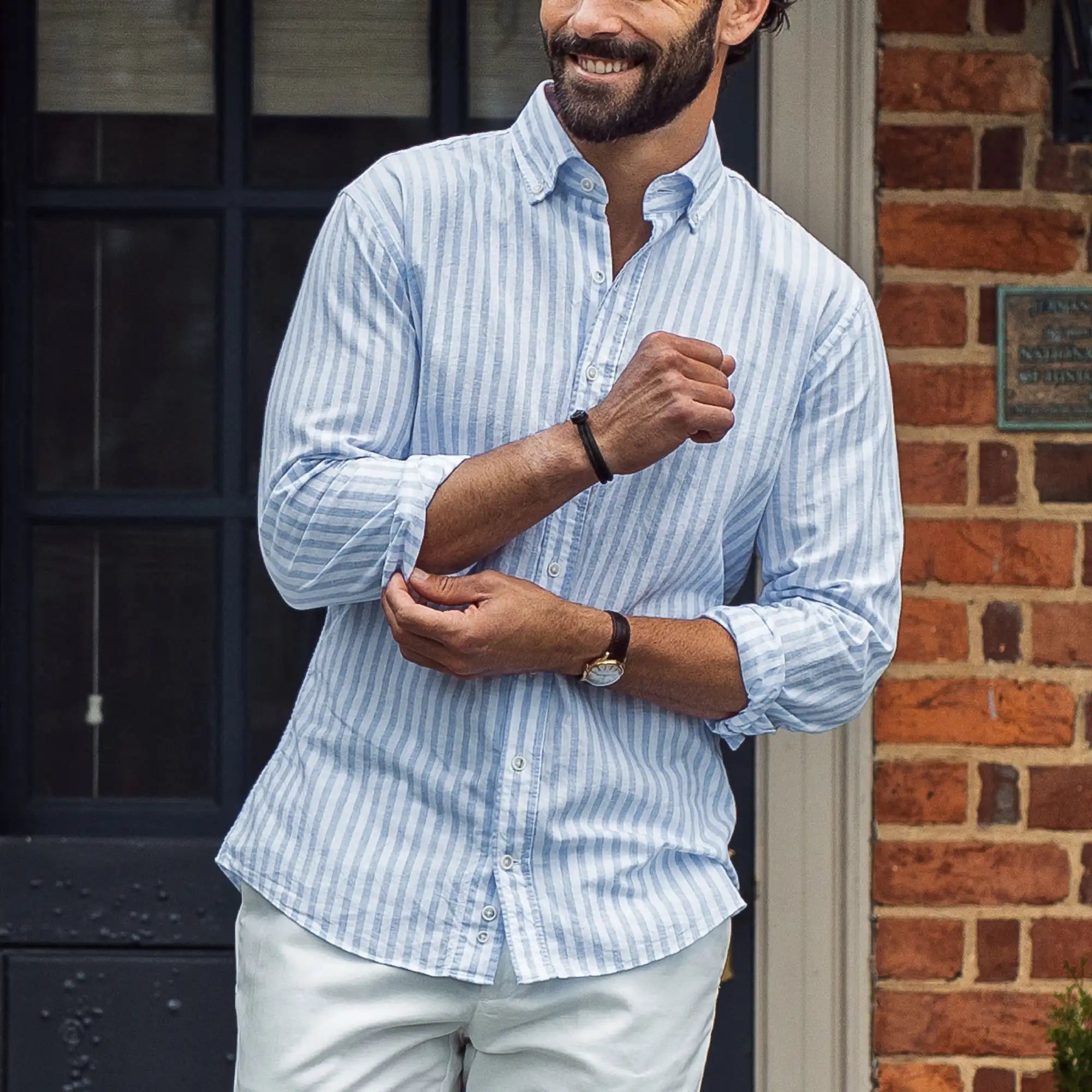 Man wearing blue stripe cotton linen shirt - Ledbury Barretto custom fit