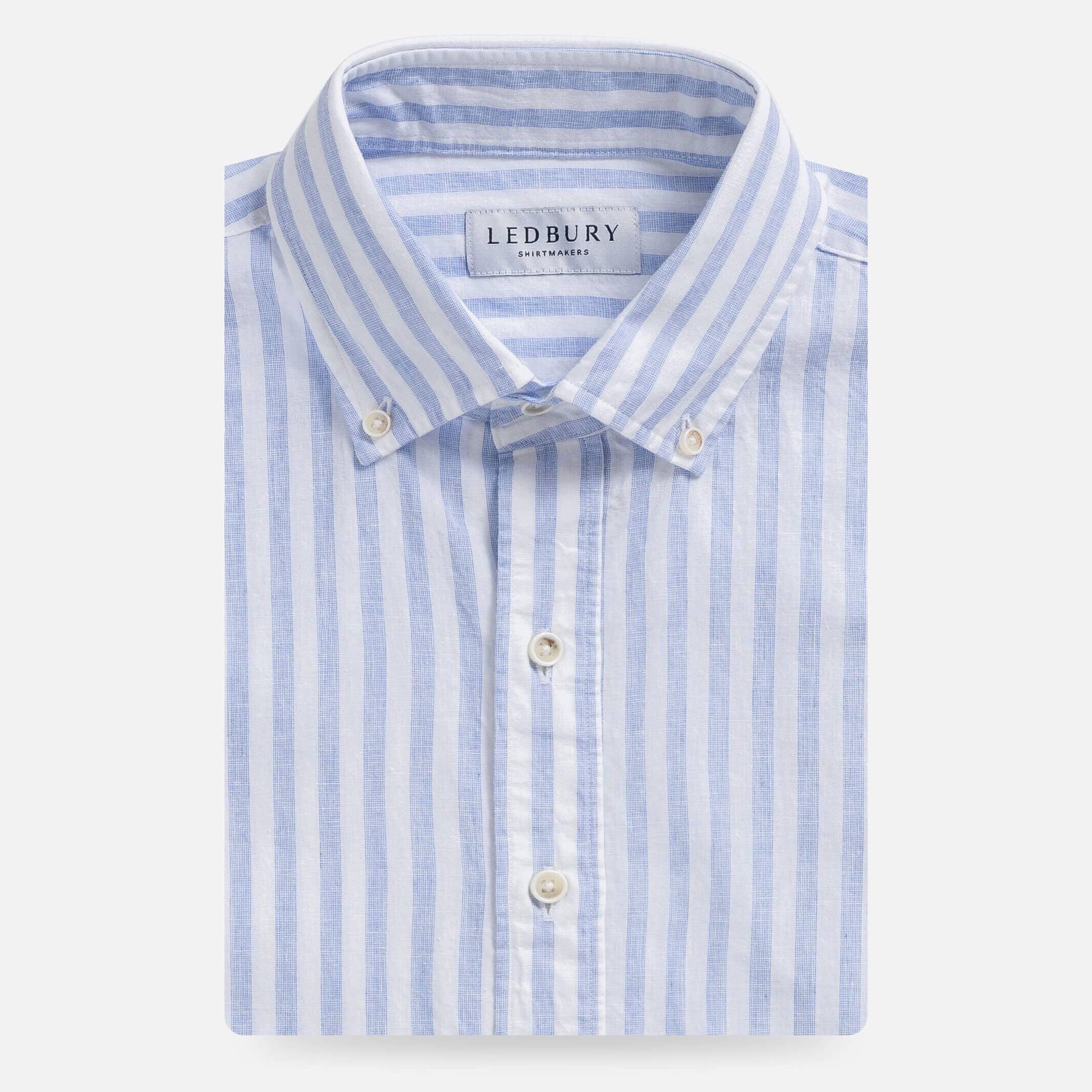 Blue Barretto stripe cotton linen shirt front view - Spanish-woven custom shirt