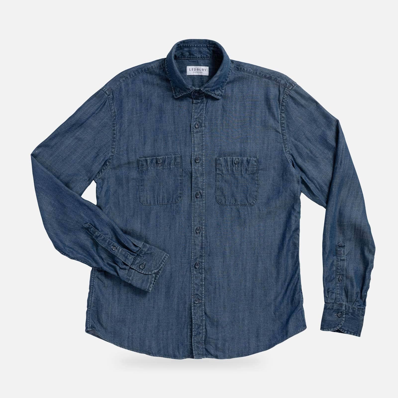 Blue Easton Tencel denim utility shirt front view - lightweight custom shirt