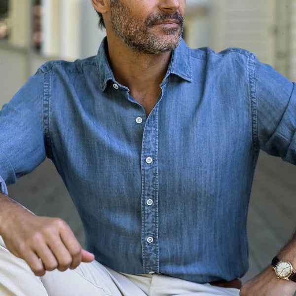 Man wearing blue Easton Tencel denim shirt - Ledbury custom fit