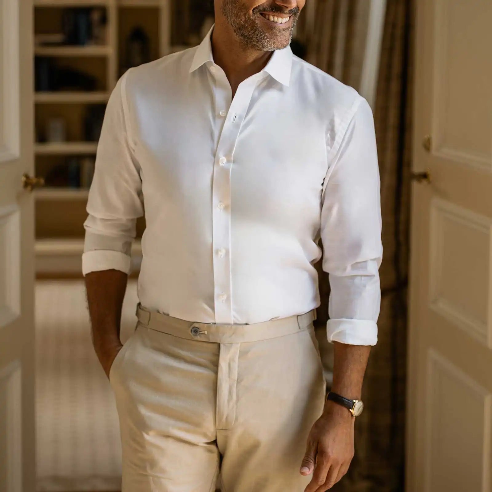 The White Thomas Mason Carlyle Giza Fine Twill Custom Shirt Custom Dress Shirt- Ledbury