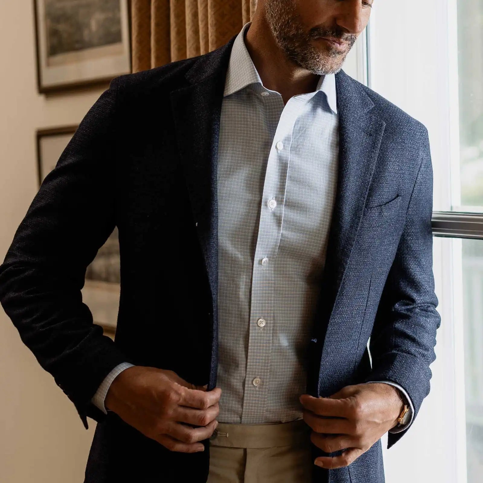 The Light Blue Albini Burrell Twill Check Custom Shirt Custom Dress Shirt- Ledbury