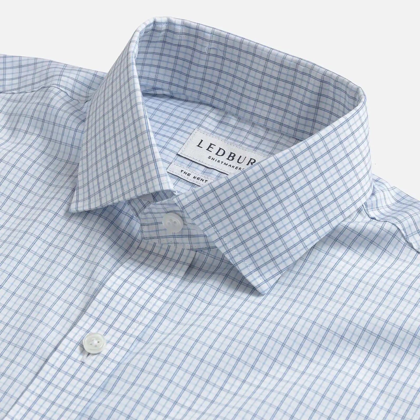 Blue tattersall dress shirt collar detail – Ledbury Kent reinforced collar