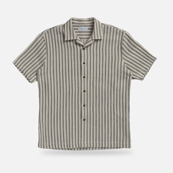 Ledbury Navy Costa Stripe Camp Collar shirt — front view