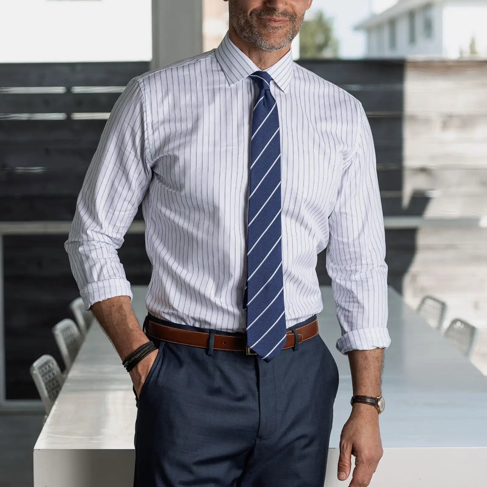 Navy stripe oxford shirt styled for business casual - Ledbury
