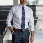 Navy stripe oxford shirt styled for business casual - Ledbury