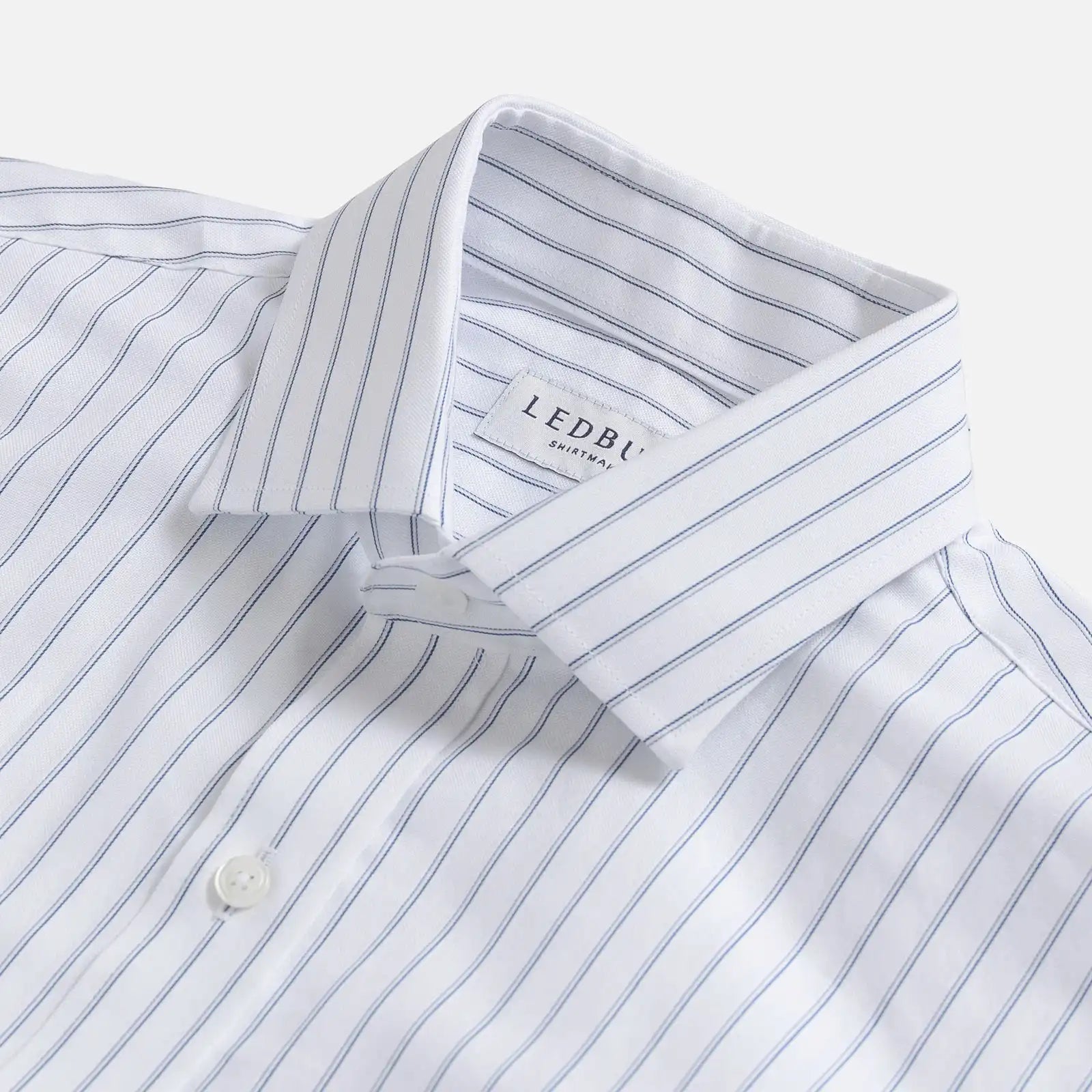 Button-down collar detail on the Navy Courtland Stripe Oxford - Ledbury