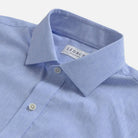 Close up of the collar on a men's cotton/linen light blue shirt by Ledbury
