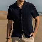 Navy terry cloth camp collar shirt styled for summer - Ledbury