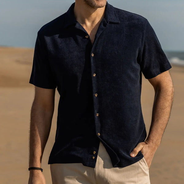 Navy terry cloth camp collar shirt styled for summer - Ledbury