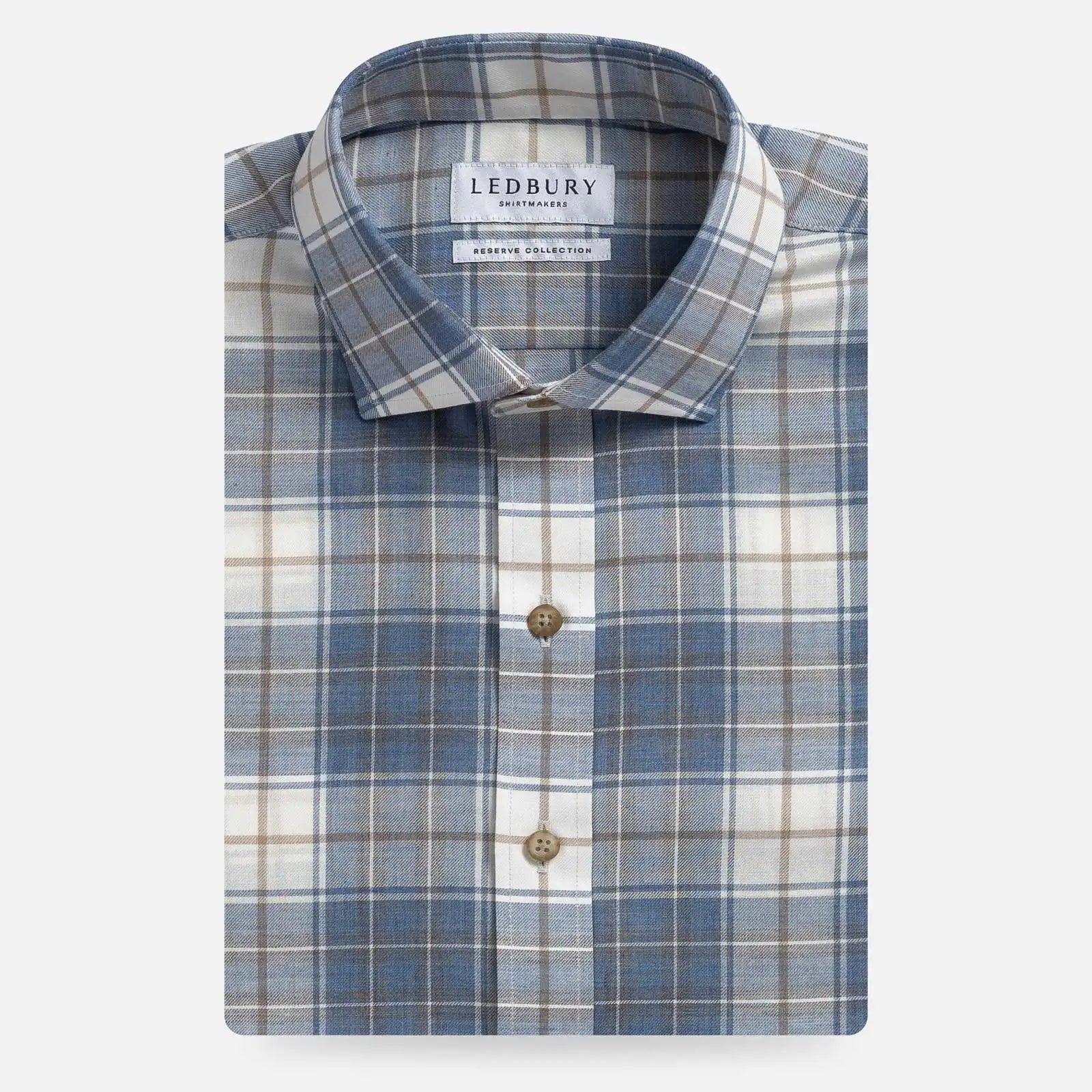 Ledbury Faded Blue Coulter Plaid Custom Shirt — full view, made to order in Extra Slim, Tailored, Contemporary, or Classic fit