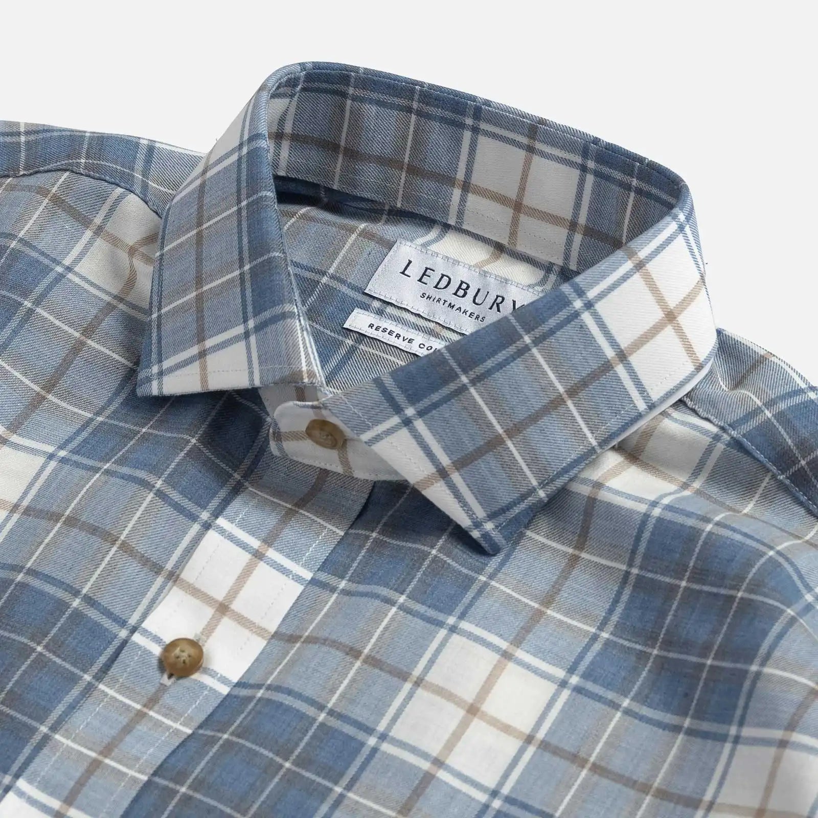 Close-up of the collar on the Ledbury Faded Blue Coulter Plaid Custom Shirt — customizable collar style