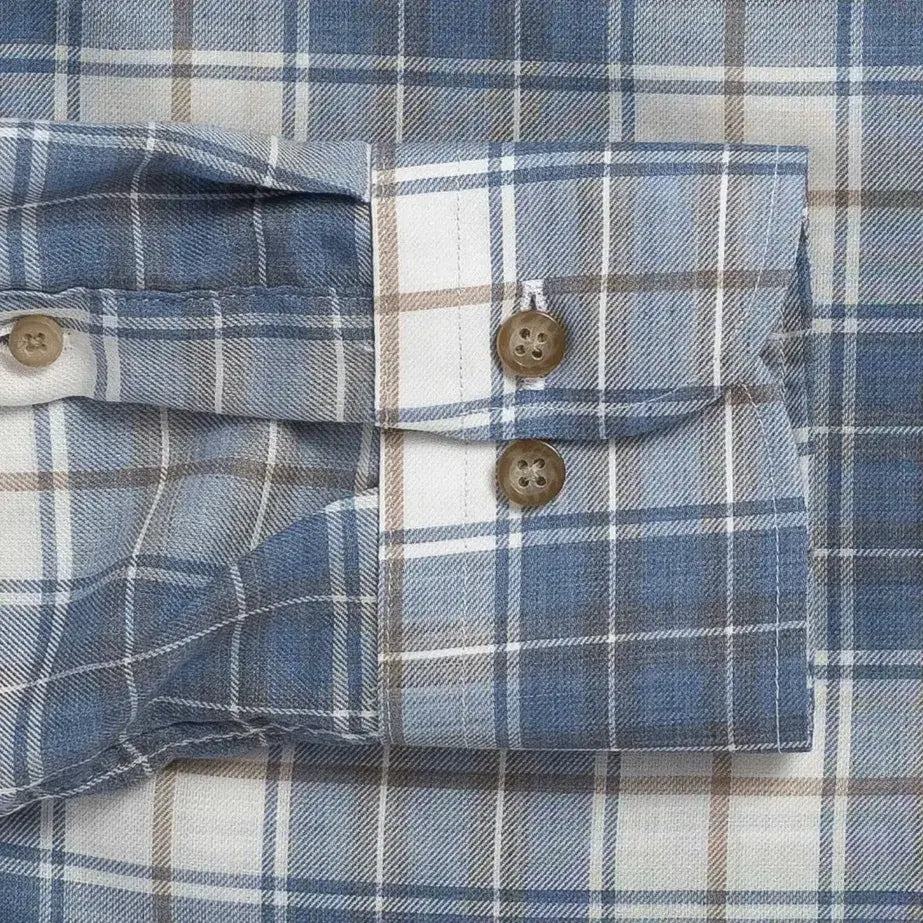 Sleeve detail of the Ledbury Faded Blue Coulter Plaid Custom Shirt — customizable sleeve length