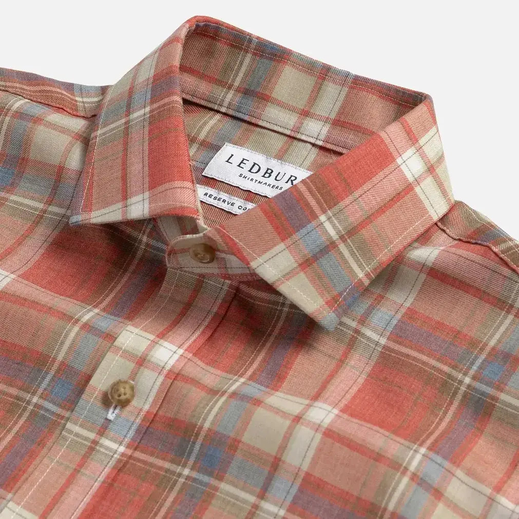Close-up of the collar on the Ledbury Faded Red Coulter Plaid Custom Shirt — customizable collar style