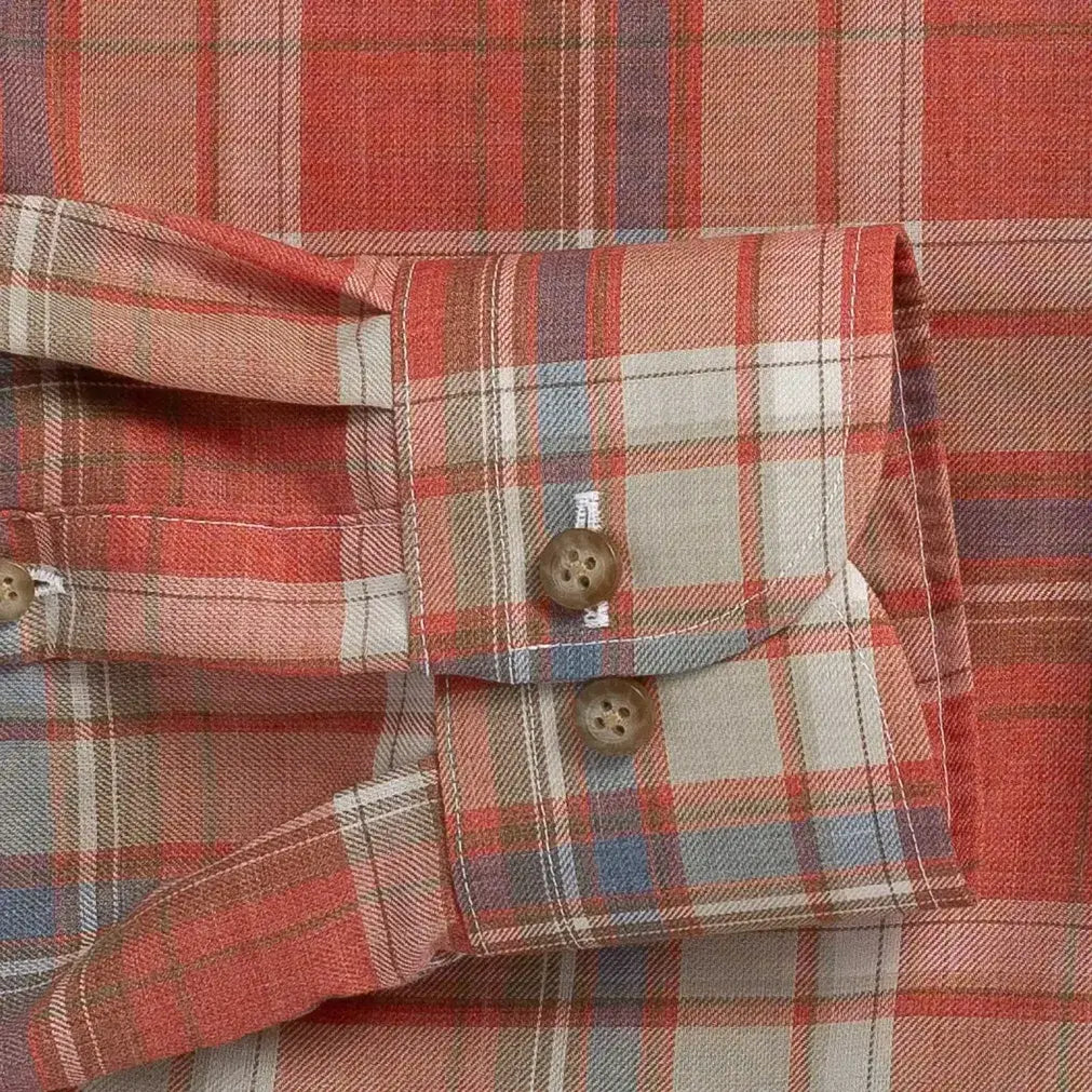 Sleeve detail of the Ledbury Faded Red Coulter Plaid Custom Shirt — customizable sleeve length