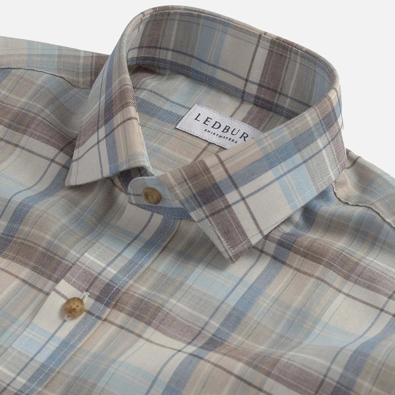 Close-up of the collar on the Ledbury Faded Desert Coulter Plaid Custom Shirt — customizable collar style