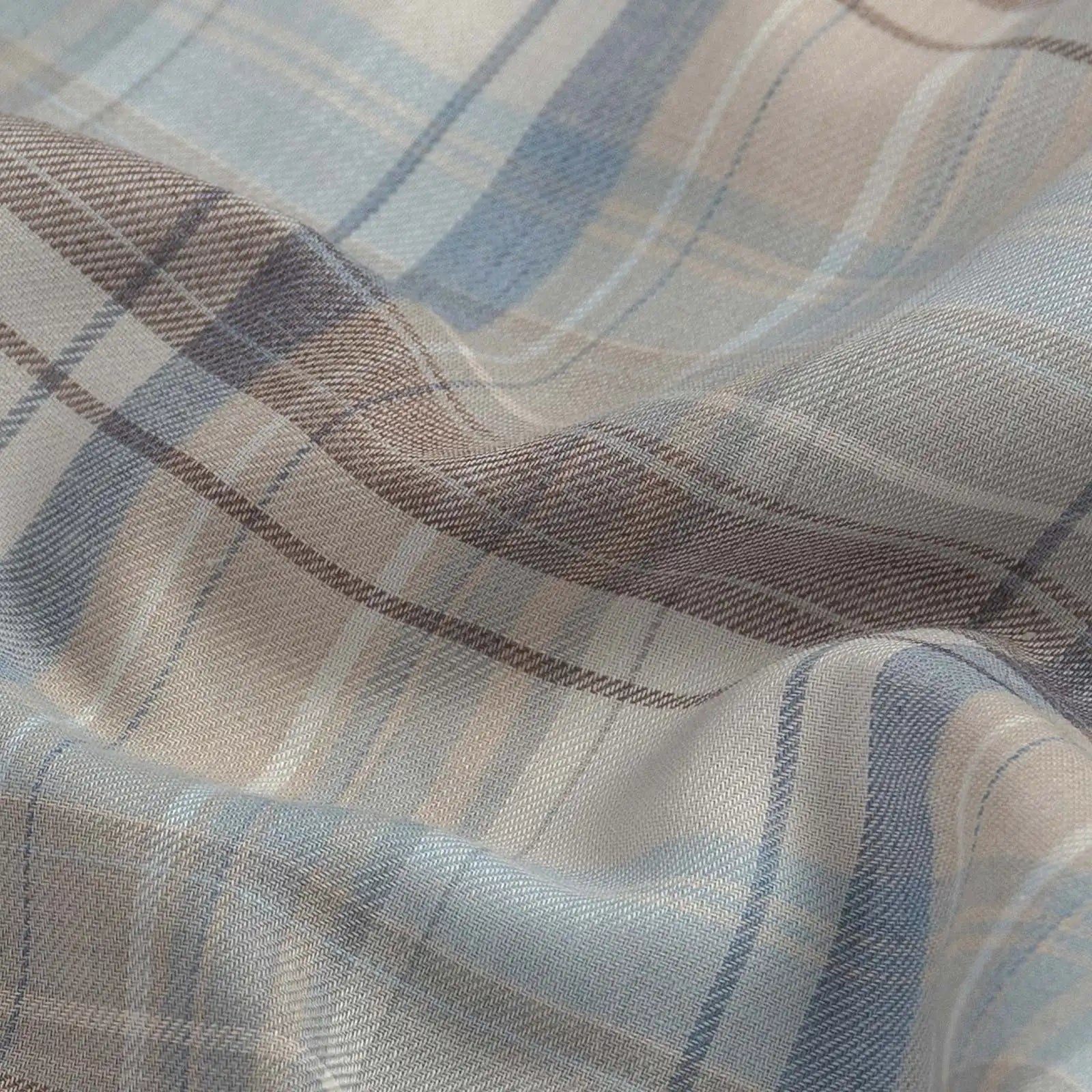 Fabric detail of the Ledbury Faded Desert Coulter Plaid Custom Shirt — lightweight Japanese recycled polyester and organic cotton blend