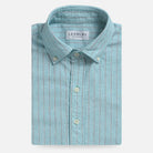 Sea green stripe cotton-linen custom shirt, front view
