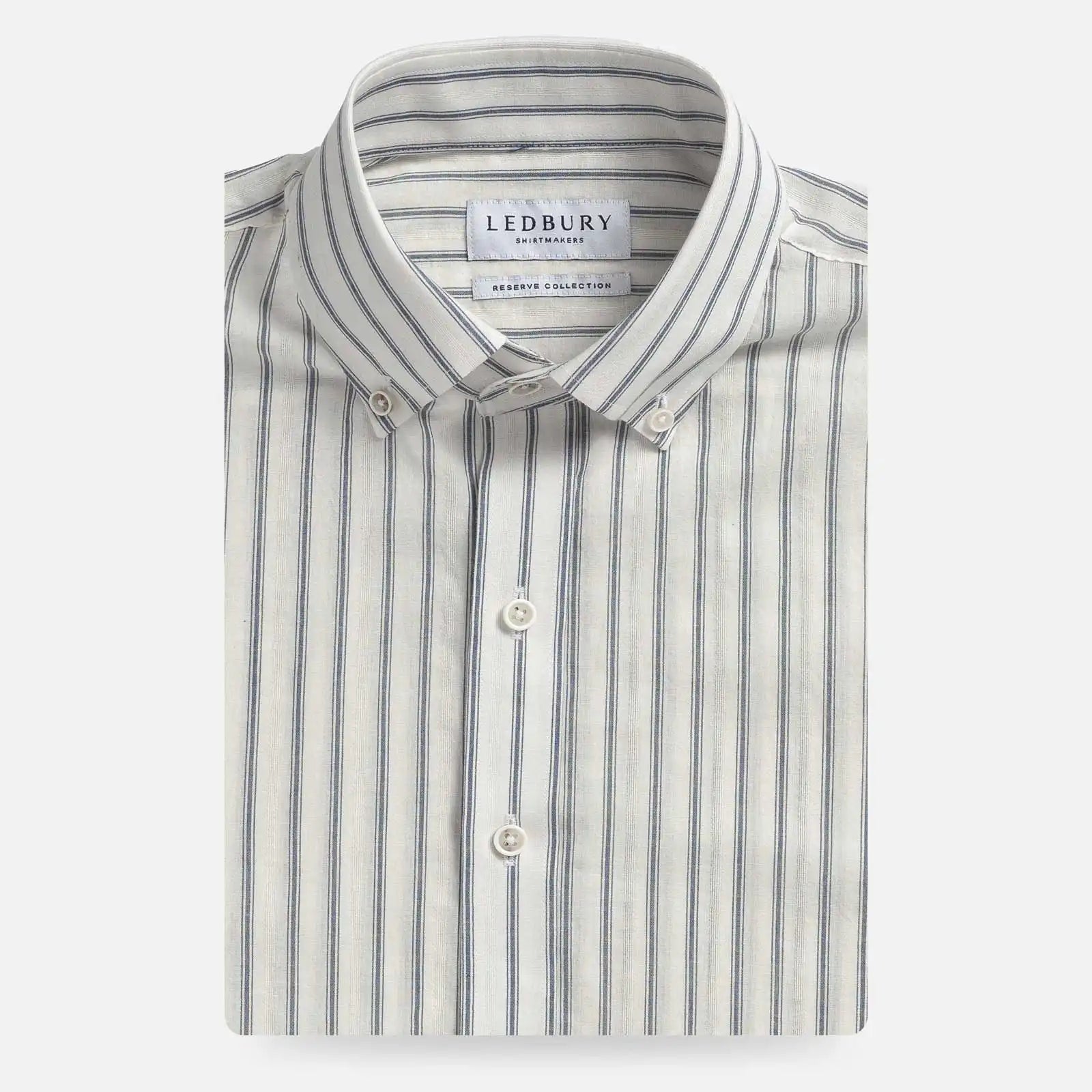 Weathered blue stripe custom shirt, front view, Ledbury