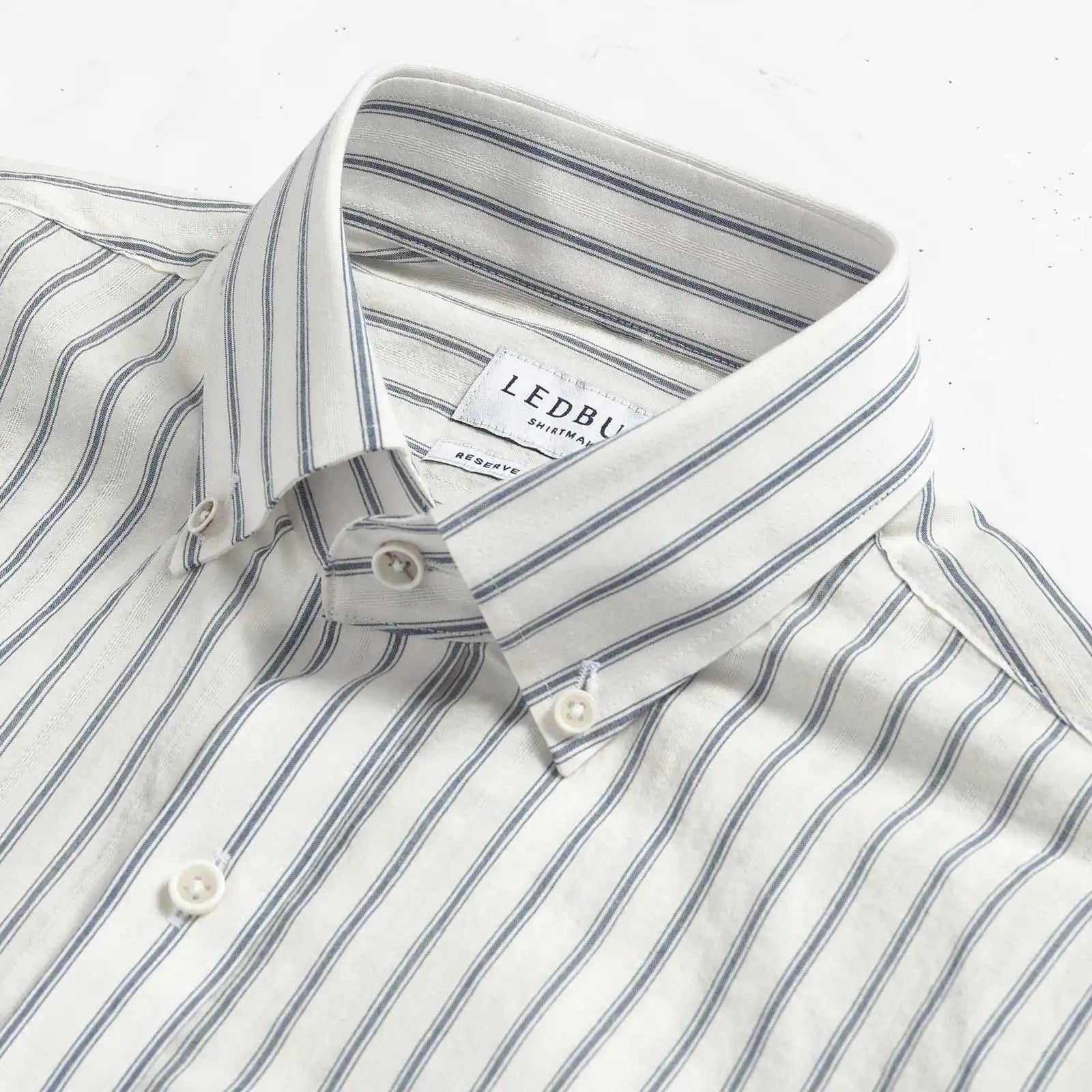 Collar detail on a weathered blue stripe shirt, Ledbury