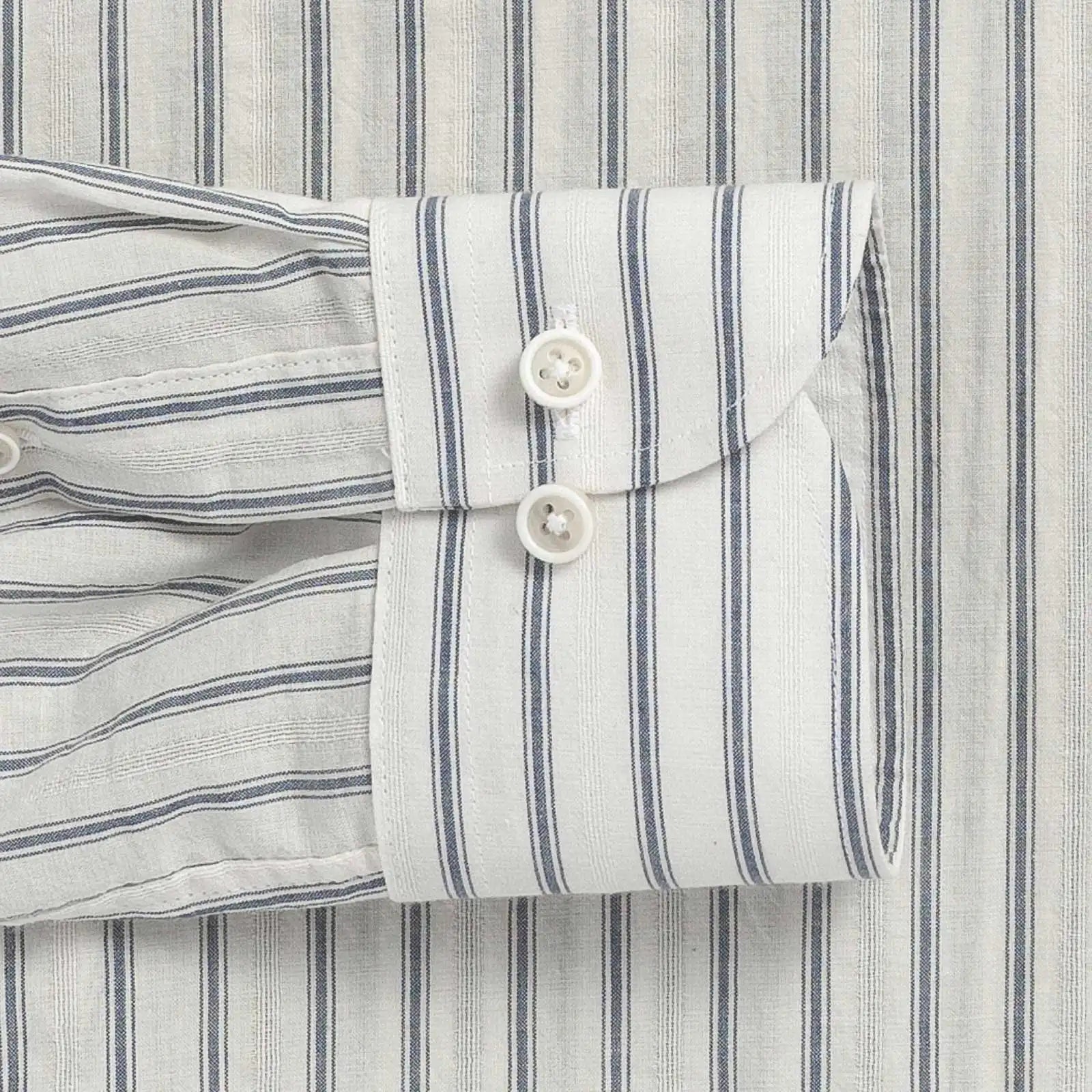 Sleeve and double button barrel cuff detail, weathered blue stripe, Ledbury