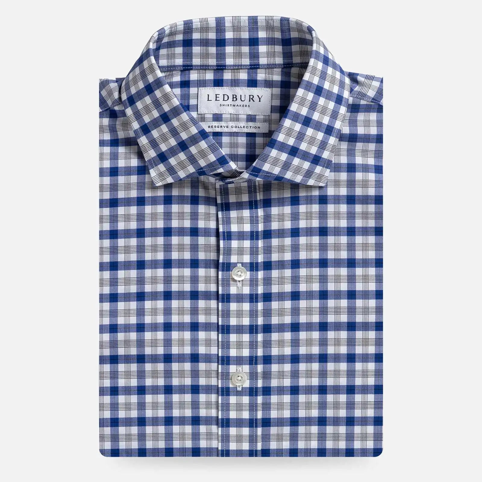 Deep blue Thomas Mason Currier Check custom dress shirt - front view showing check pattern and semi-spread collar