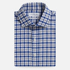 Deep blue Thomas Mason Currier Check custom dress shirt - front view showing check pattern and semi-spread collar