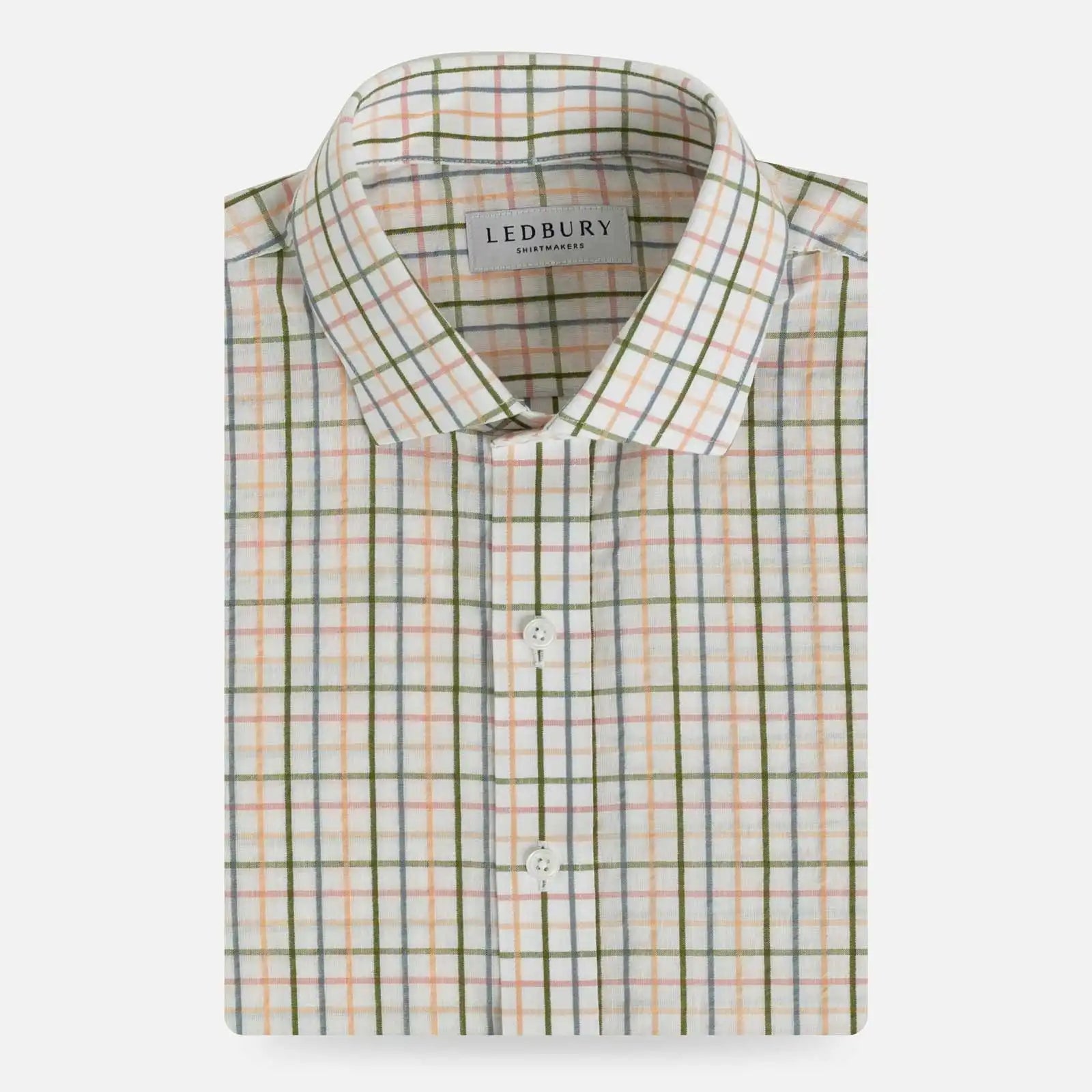 Peach Santos Check custom shirt in cotton seersucker — soft peach, dusty blue, and olive check on white