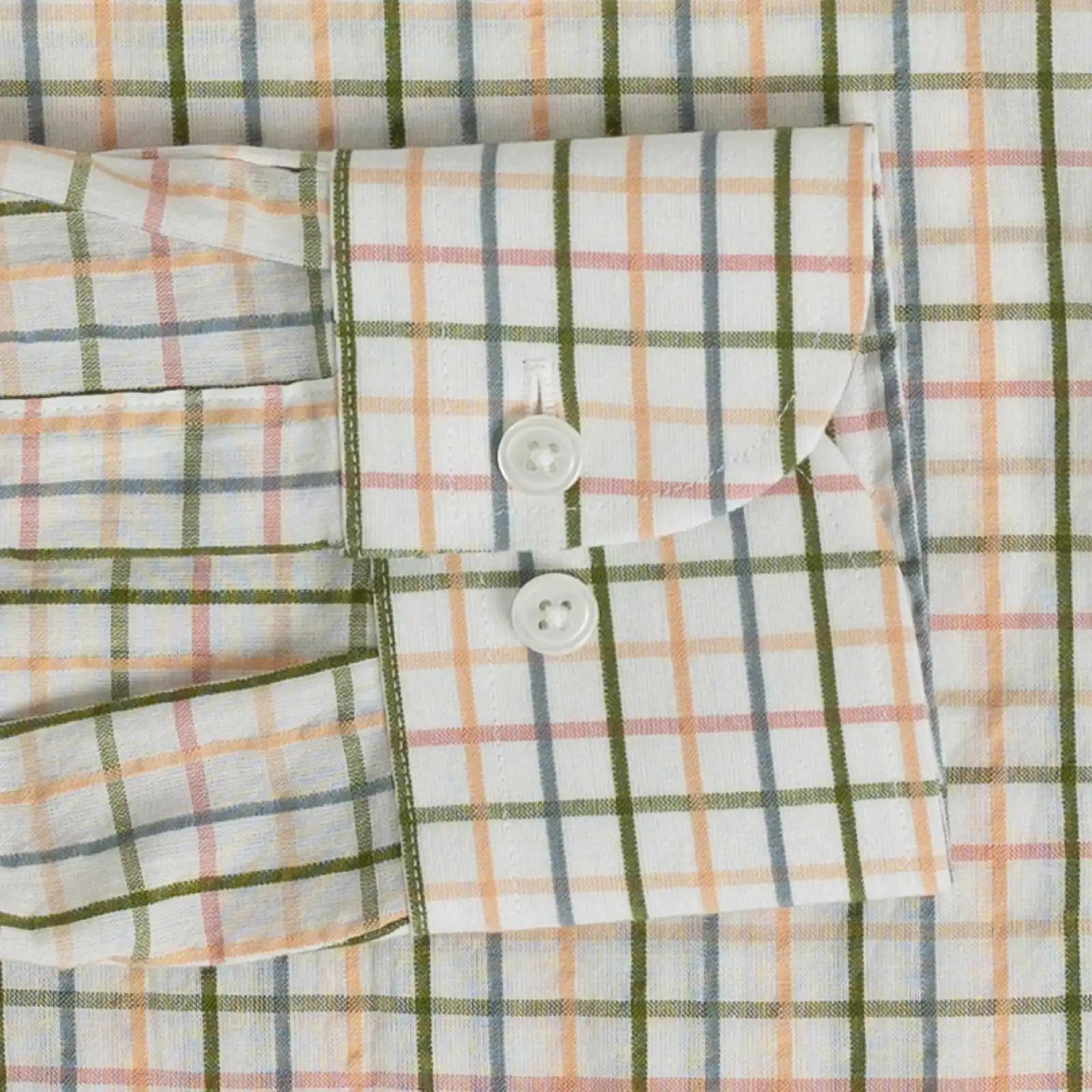 Double button barrel cuff detail on the Peach Santos Check custom shirt