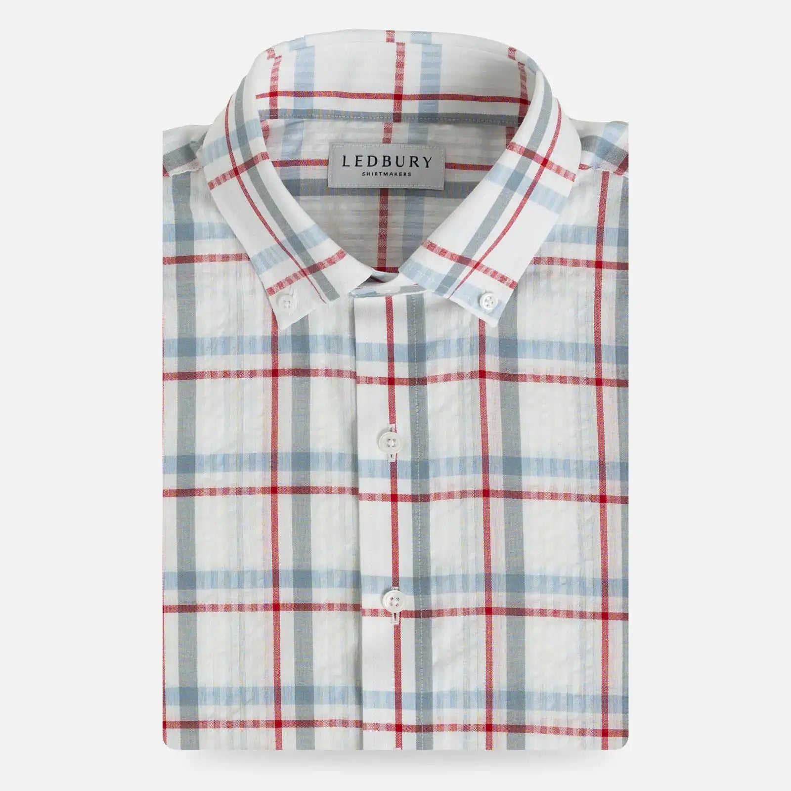 Red Pepper Bartlett Plaid custom shirt in cotton seersucker — pepper red and light blue plaid on white