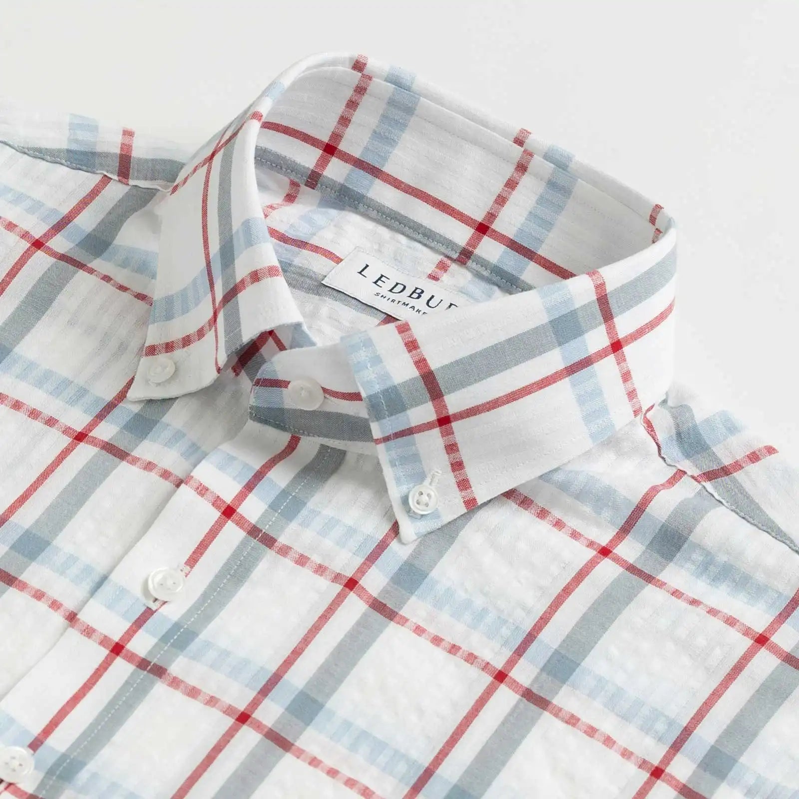 Close-up of button-down collar on the Red Pepper Bartlett Plaid custom shirt