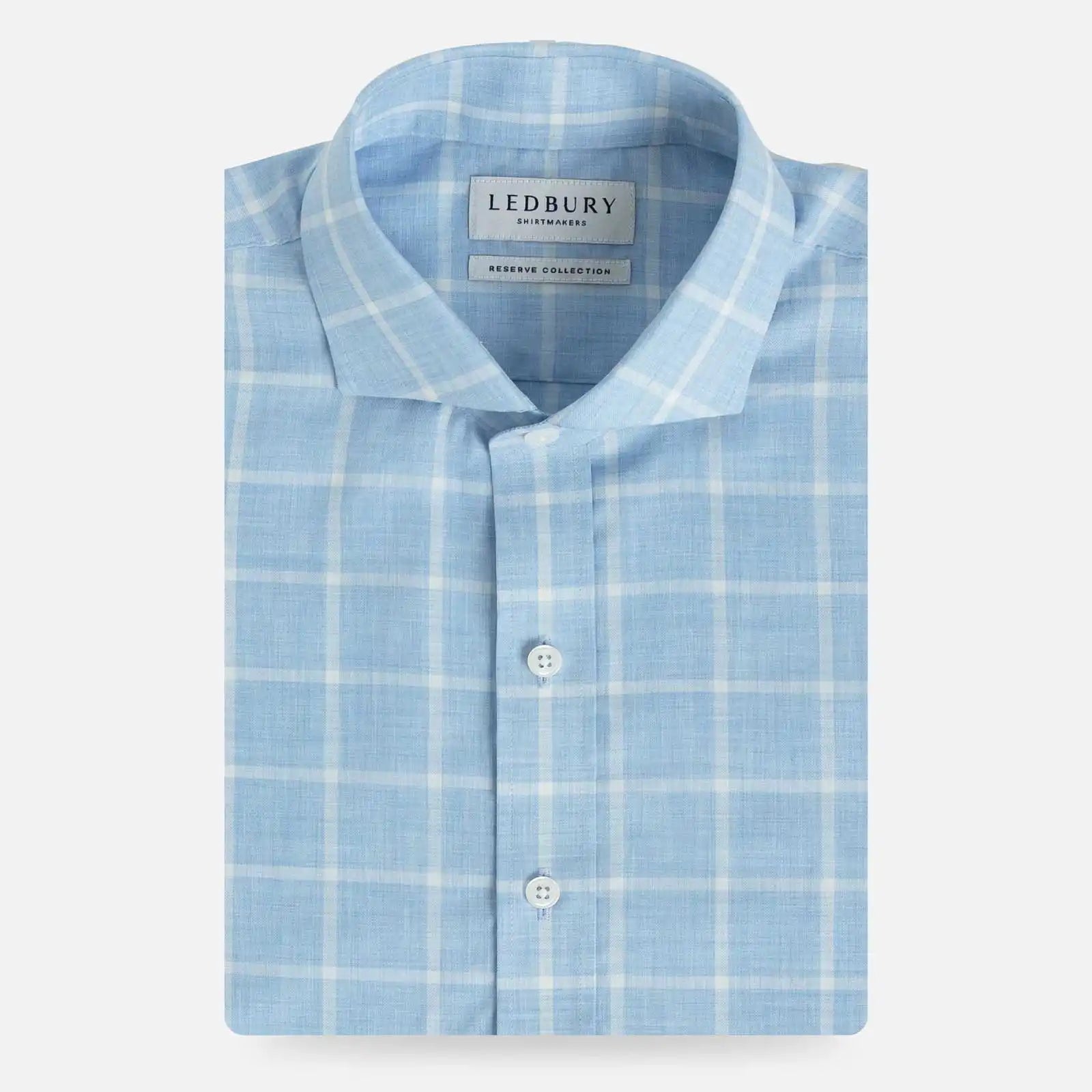 Light blue and white Albini Italian checkered shirt flat lay
