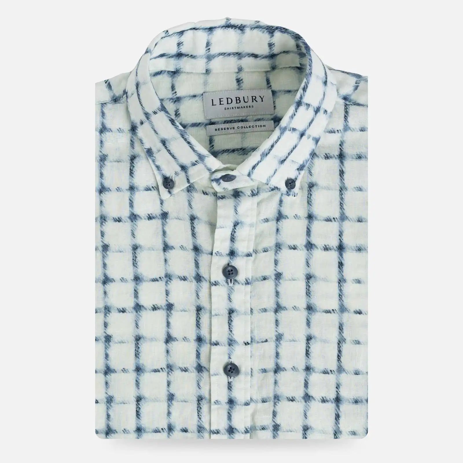Breathable Italian linen shirt with blue and white plaid pattern, flat lay