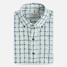 Breathable Italian linen shirt with blue and white plaid pattern, flat lay