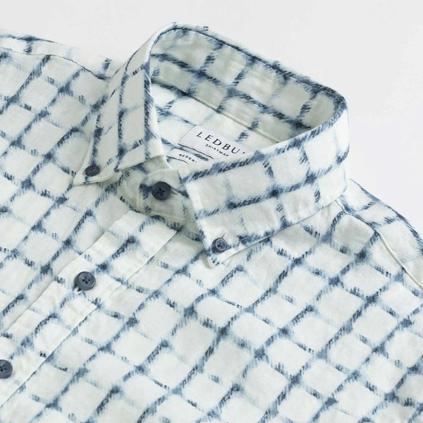 Collar detail of Italian linen white and navy check shirt 