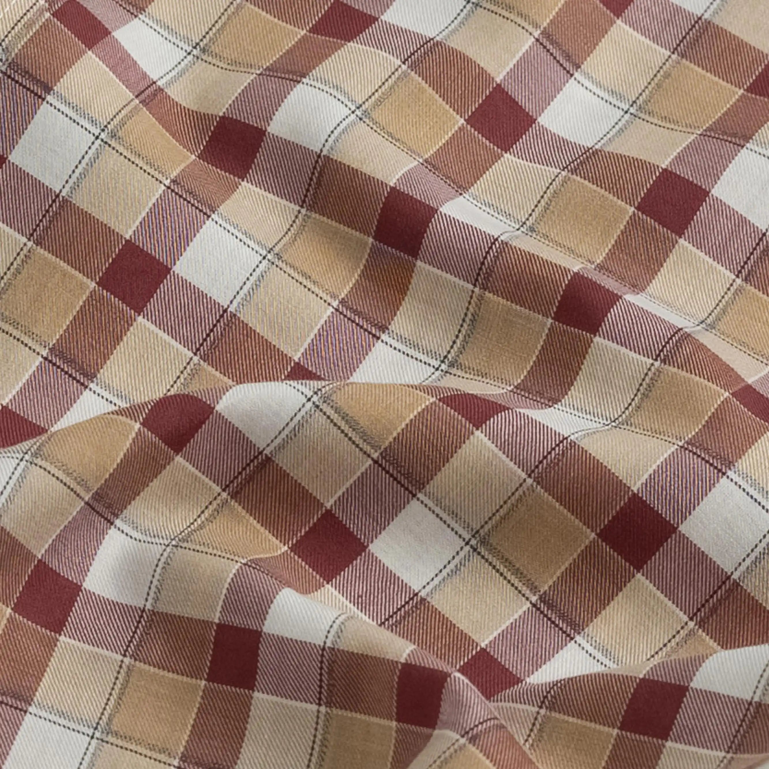 Brick red and beige plaid Albini Calloway plaid fabric close-up