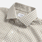 Light sage Newhall check shirt collar close-up - subtle check detail and expert tailoring