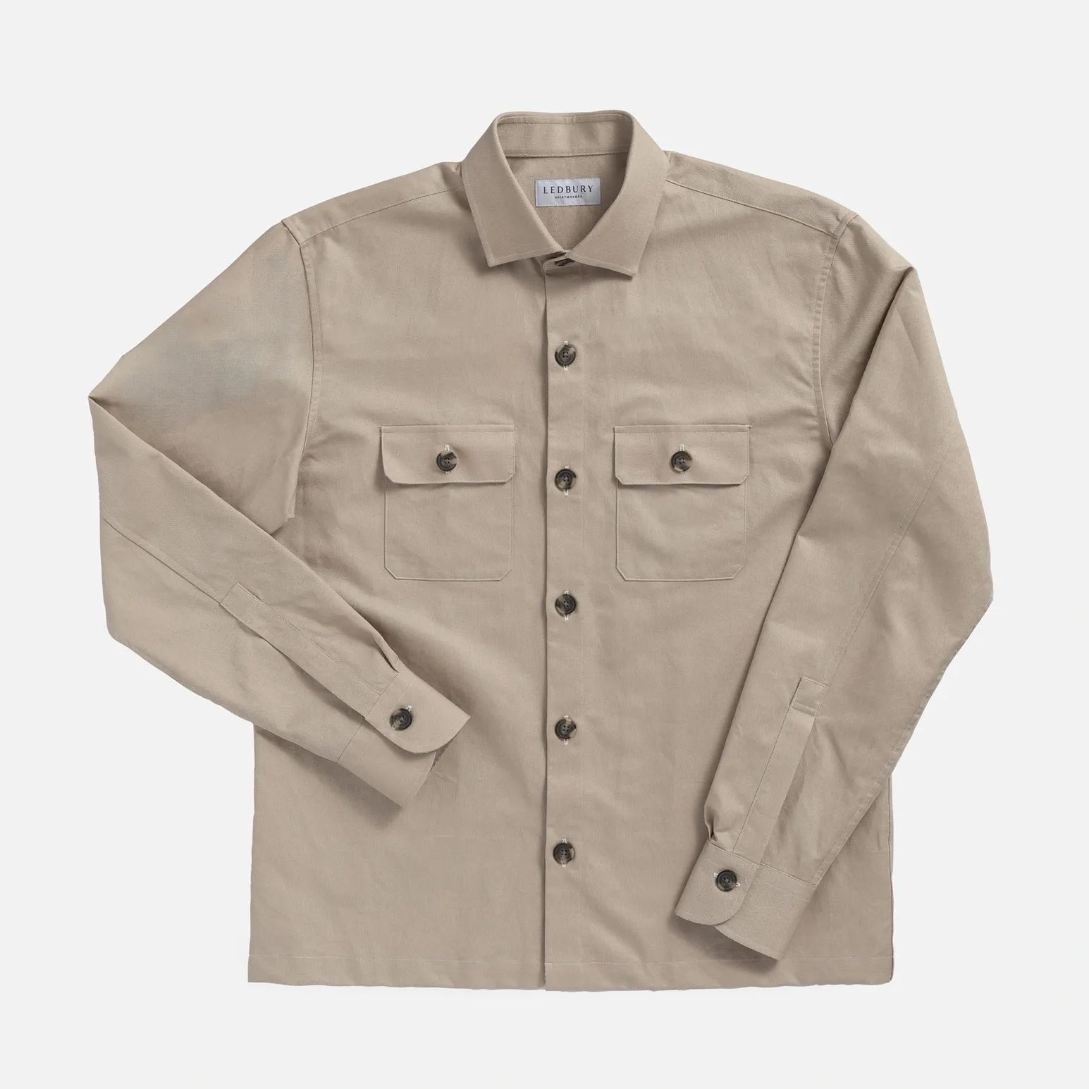 Light Tan Cotton Linen Shirt Jacket — 71% cotton 29% linen basket weave in light tan, made to order by Ledbury