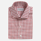 Ledbury Red Guyer Check Custom Shirt folded, red tattersall check on white cotton poplin with semi spread collar