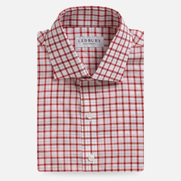 Ledbury Red Guyer Check Custom Shirt folded, red tattersall check on white cotton poplin with semi spread collar