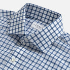 Ledbury Blue Guyer Check Custom Shirt — semi spread collar detail on blue tattersall check cotton poplin