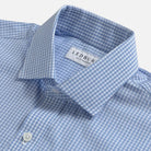 Ledbury Blue Garnaby Gingham Custom Shirt — semi spread collar detail on blue gingham cotton poplin