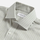 Light sage Baldwick Check shirt collar detail - semi spread quint collar close-up