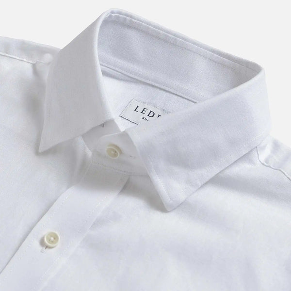 White Culley Cotton Linen shirt collar detail - hidden button down collar close-up