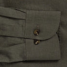 Dark olive Varley Cotton Linen custom shirt - sleeve and cuff close-up
