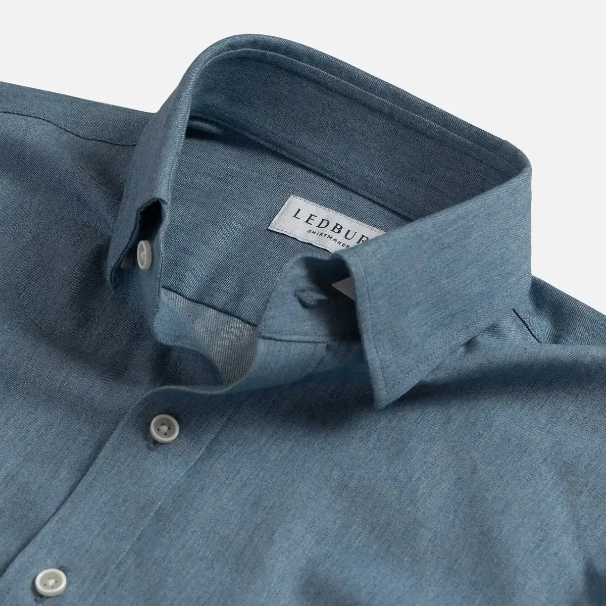 Hidden Button-Down collar detail on the Light Blue Cambell Chambray Utility — Ledbury