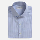 A folded light blue and white striped dress shirt by Ledbury, featuring a classic collar, white buttons, and a clean white background.