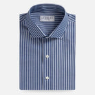 A folded Ledbury men's dress shirt with a blue and white vertical stripe pattern, shown on a clean white background.