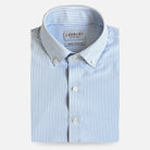 A folded light blue and white striped button-down dress shirt by Ledbury, shown on a clean white background.