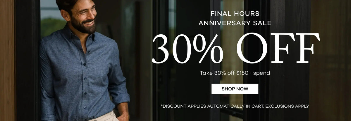 Promotional banner for a 'Final Hours Anniversary Sale' featuring a smiling man in a blue button-down shirt on the left and large white text on the right reading '30% OFF' with a 'SHOP NOW' button.